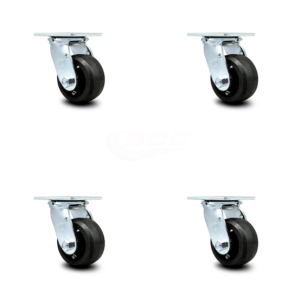 4 Inch Rubber on Steel Wheel Swivel Caster Set with Ball Bearings